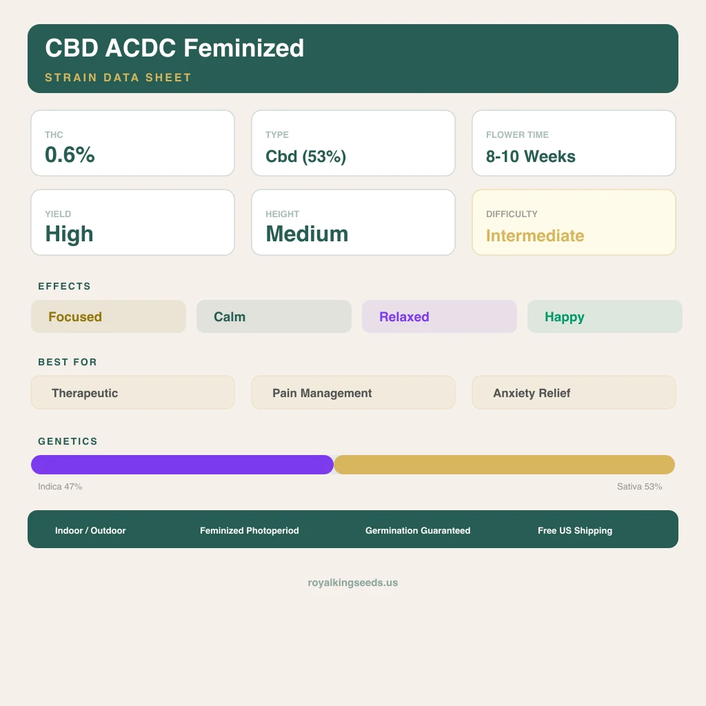 CBD ACDC 47% Indica / 53% Sativa — Blüte mit sichtbaren Trichomen