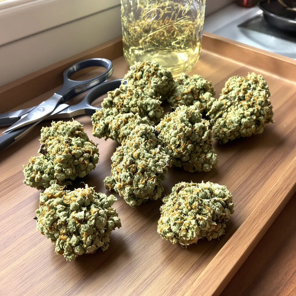 CBD Blueberry 46% Indica / 54% Sativa — Blüte mit sichtbaren Trichomen