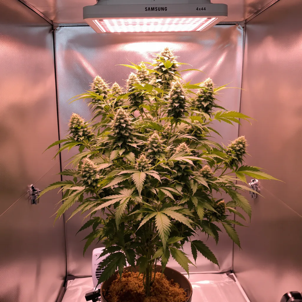 CBD Blueberry 46% Indica / 54% Sativa — Blüte mit sichtbaren Trichomen