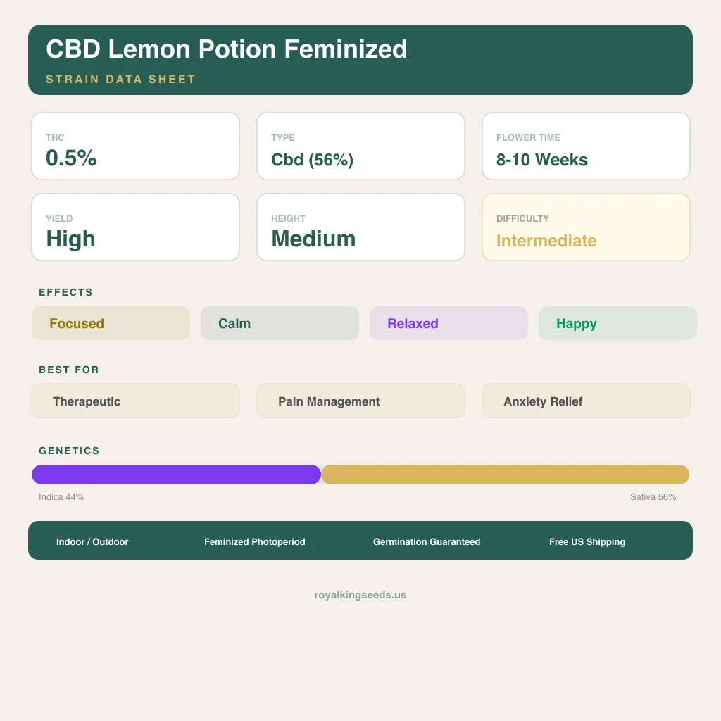 CBD Lemon Potion 44% Indica / 56% Sativa — Blüte mit sichtbaren Trichomen