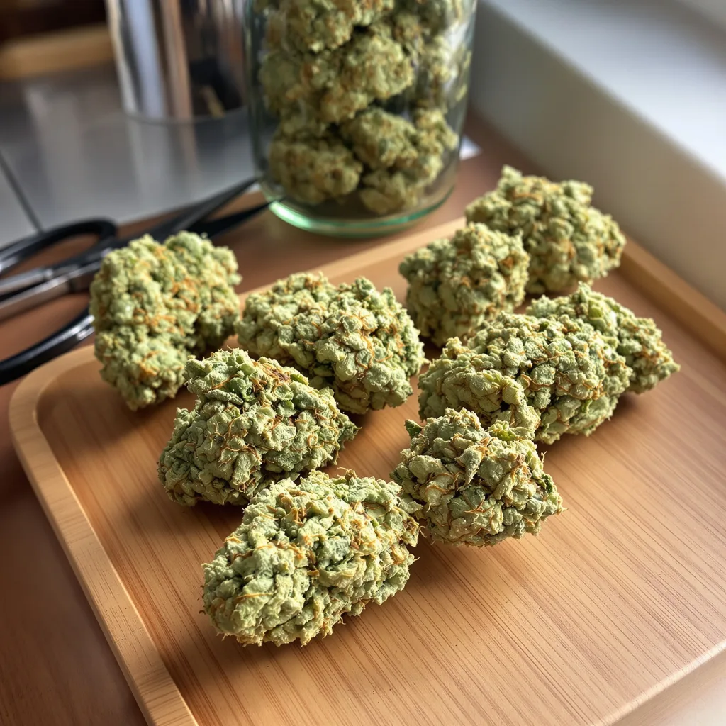 CBD Moby Dick 58% Indica / 42% Sativa — Blüte mit sichtbaren Trichomen