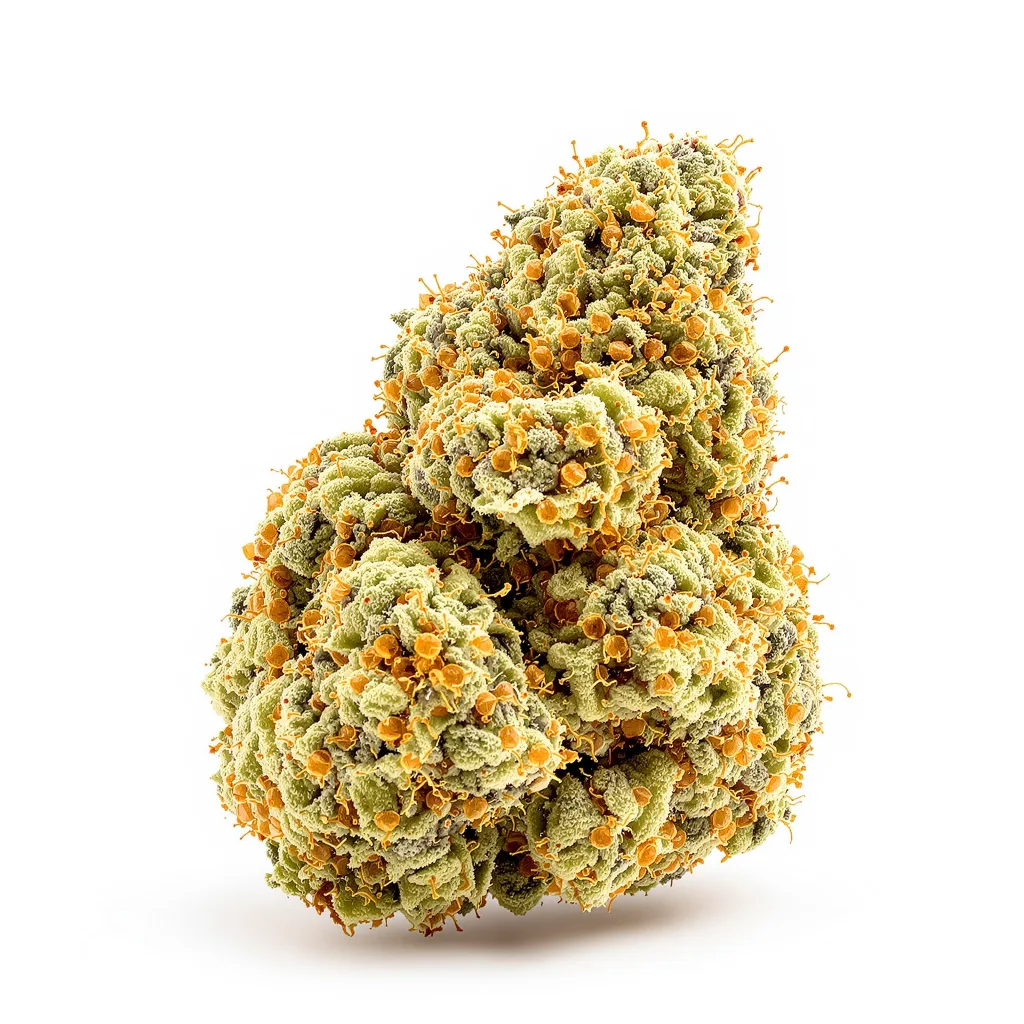 CBD Moby Dick 58% Indica / 42% Sativa — Blüte mit sichtbaren Trichomen