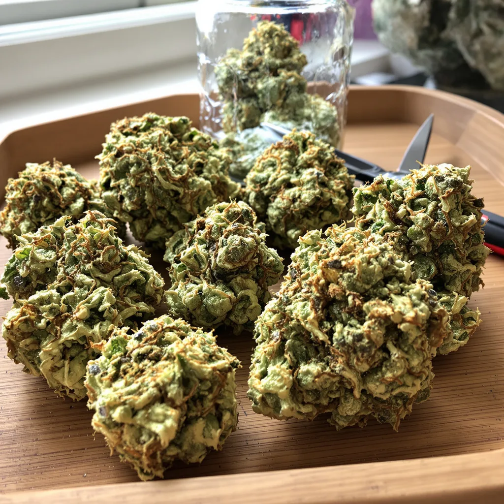 CBD PH Haze 58% Indica / 42% Sativa — Blüte mit sichtbaren Trichomen