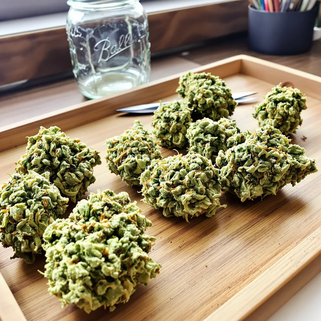 CBD Yummy 53% Indica / 47% Sativa — Blüte mit sichtbaren Trichomen