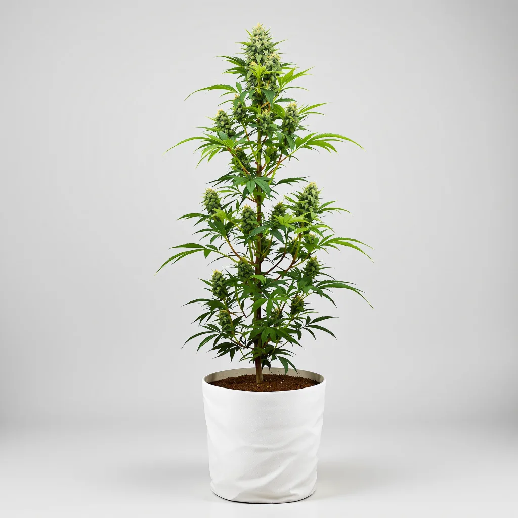 Champagne Kush Cannabisblüte Nahaufnahme mit ausgewogene Blütenstruktur mit eisigen Trichomen