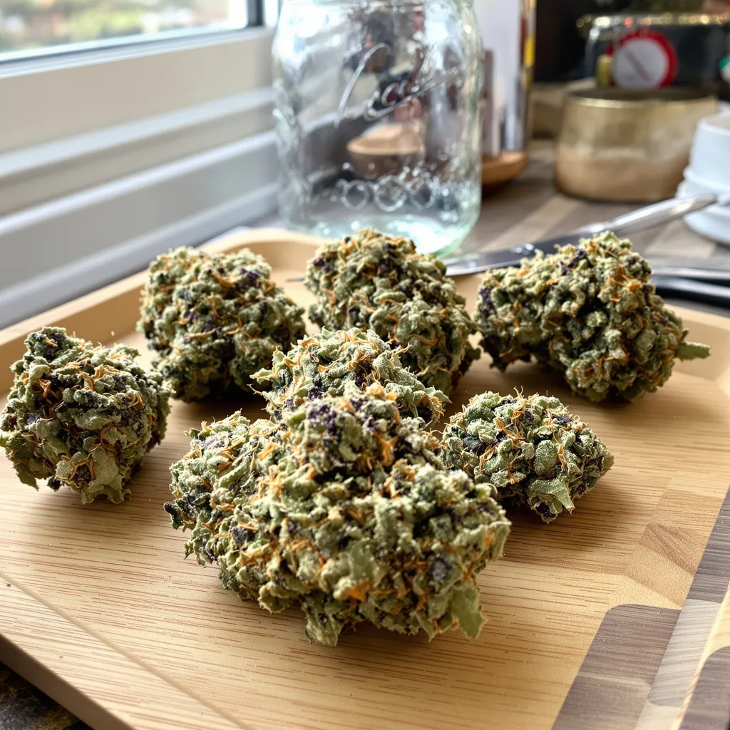 Champagne Kush 50% Indica / 50% Sativa — Blüte mit sichtbaren Trichomen