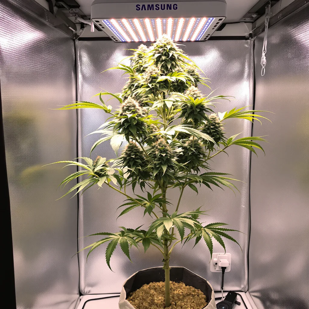 Champagne Kush 50% Indica / 50% Sativa — Blüte mit sichtbaren Trichomen