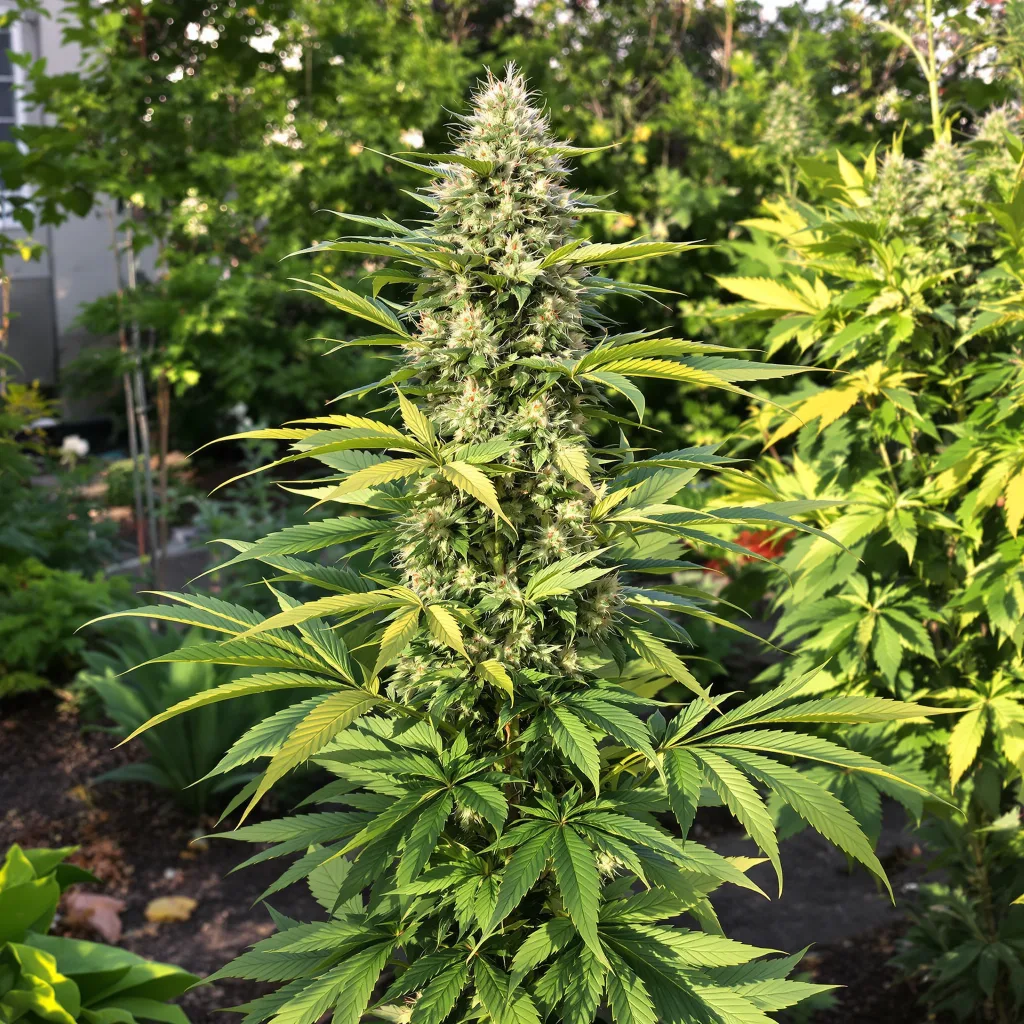 Champagne Kush 50% Indica / 50% Sativa — Blüte mit sichtbaren Trichomen