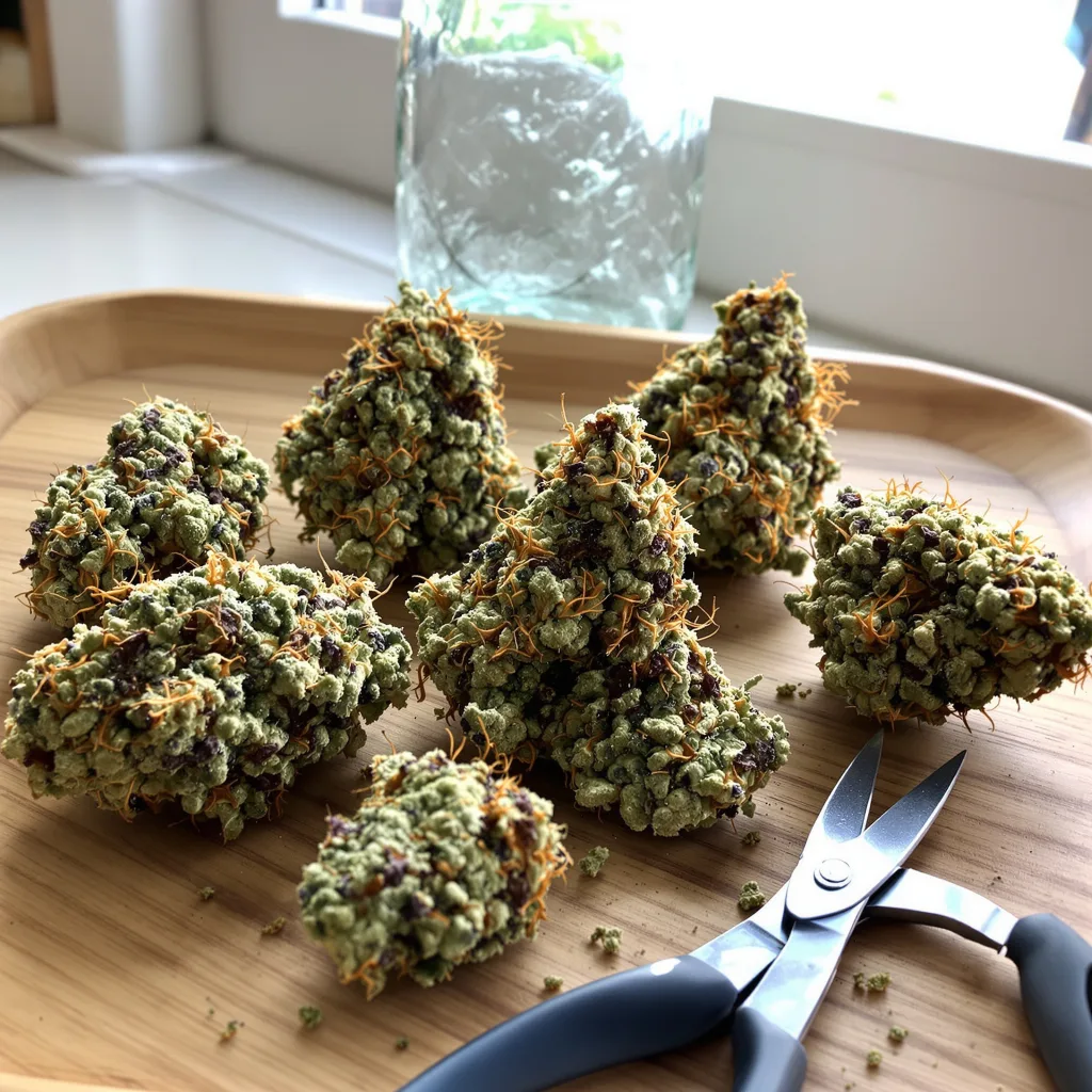 Cheetah Piss 41% Indica / 59% Sativa — Blüte mit sichtbaren Trichomen
