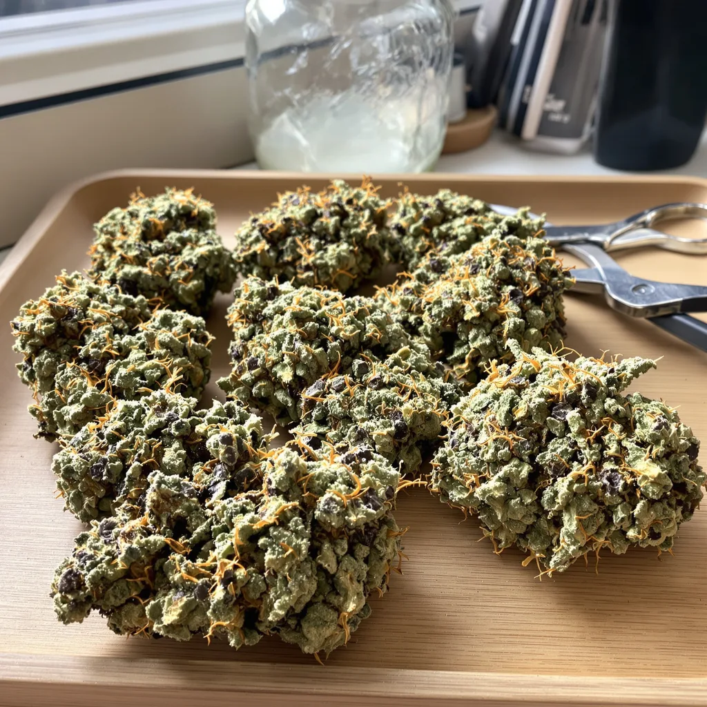 Chemdawg Sour Diesel 40% Indica / 60% Sativa — Blüte mit sichtbaren Trichomen