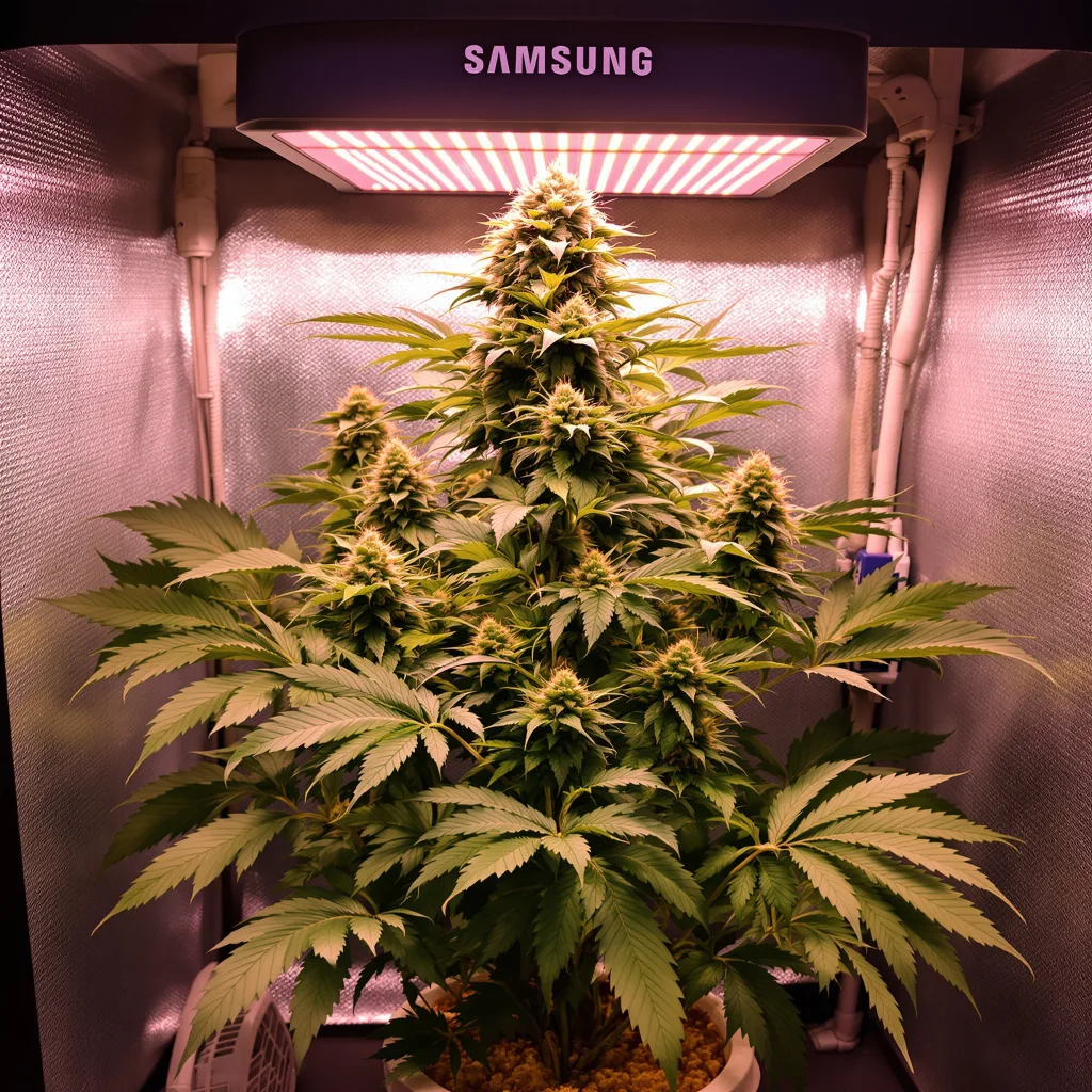 Chemo 66% Indica / 34% Sativa — Blüte mit sichtbaren Trichomen