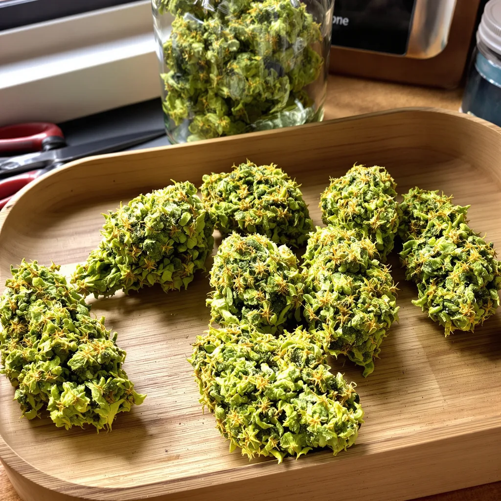Cherry AK-47 9% Indica / 91% Sativa — Blüte mit sichtbaren Trichomen