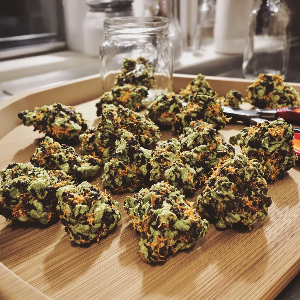 Cherry Bomb 66% Indica / 34% Sativa — Blüte mit sichtbaren Trichomen