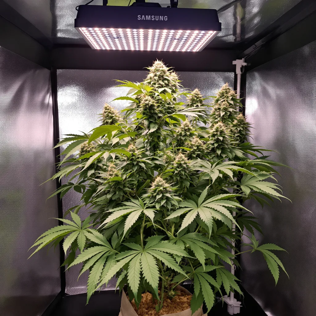 Cherry Bomb 66% Indica / 34% Sativa — Blüte mit sichtbaren Trichomen