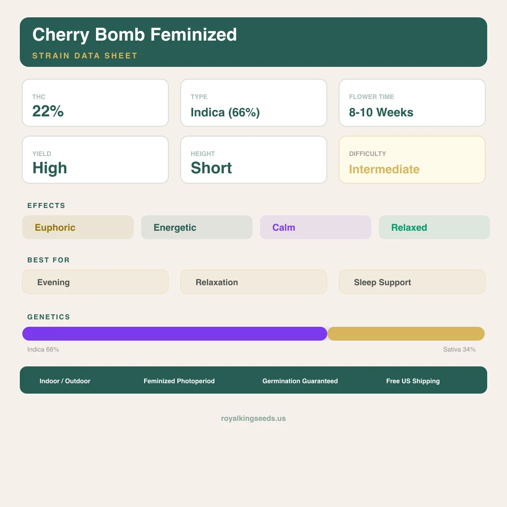 Cherry Bomb 66% Indica / 34% Sativa — Blüte mit sichtbaren Trichomen