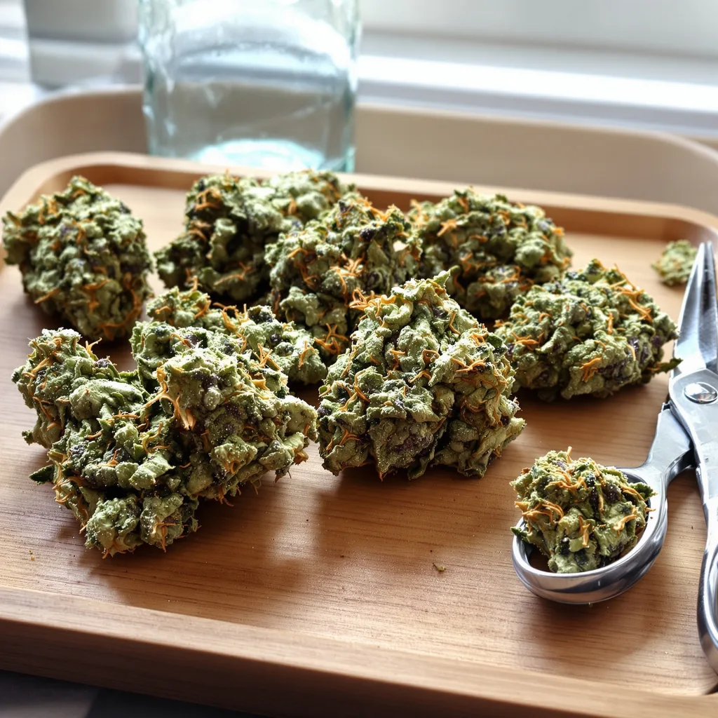 Cherry Diesel 50% Indica / 50% Sativa — Blüte mit sichtbaren Trichomen