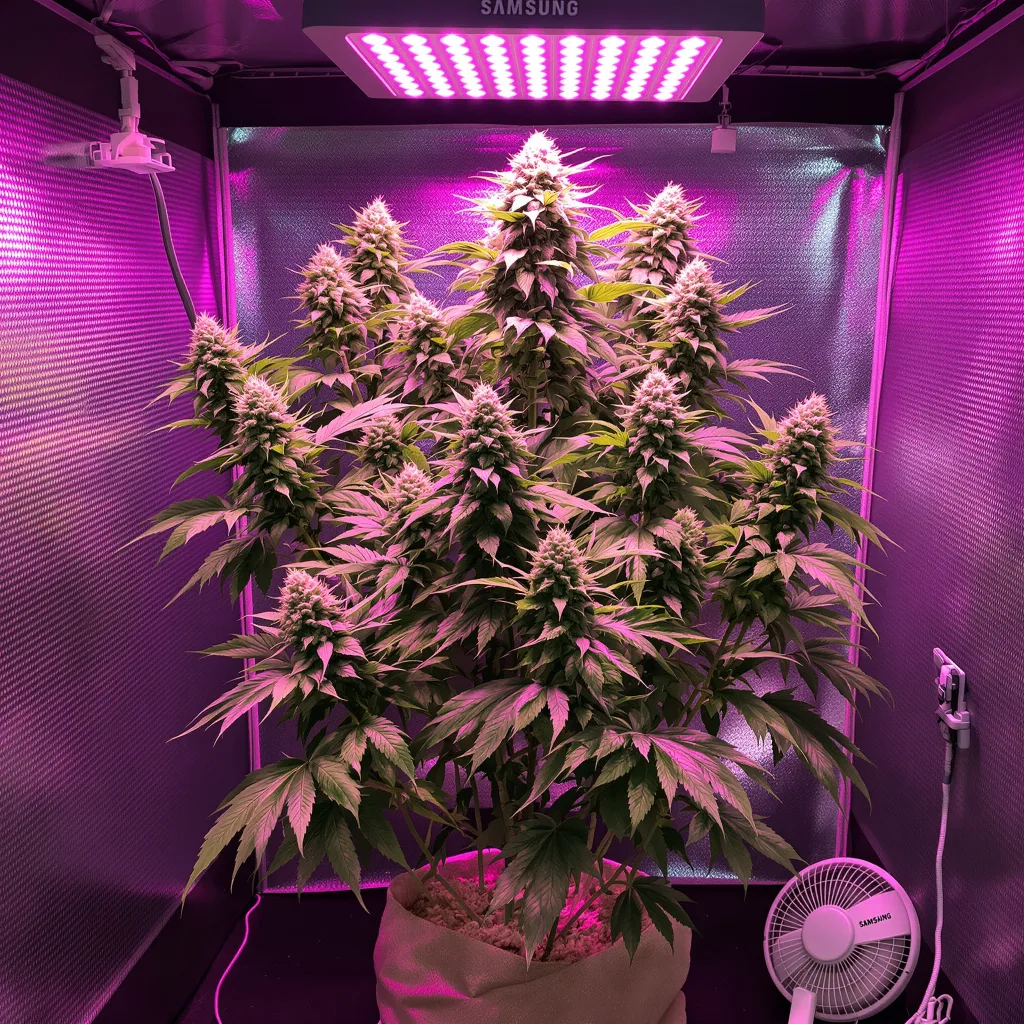 Cherry Diesel 50% Indica / 50% Sativa — Blüte mit sichtbaren Trichomen