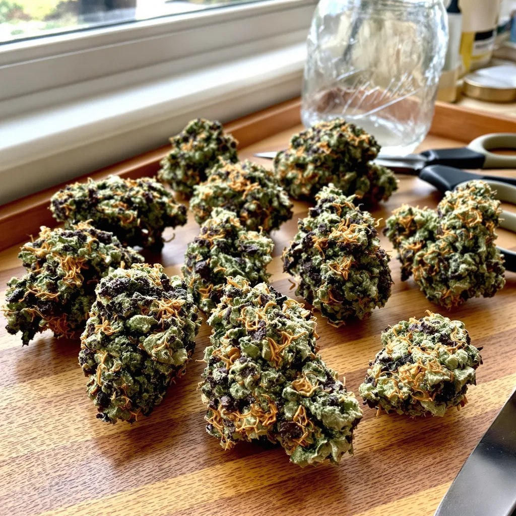 Cherry Kola 74% Indica / 26% Sativa — Blüte mit sichtbaren Trichomen