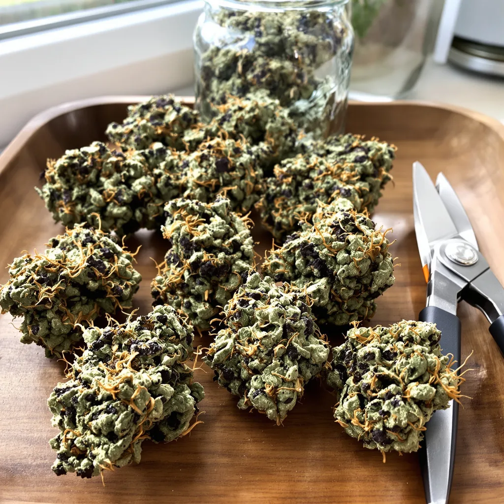 Cherry Pie 66% Indica / 34% Sativa — Blüte mit sichtbaren Trichomen