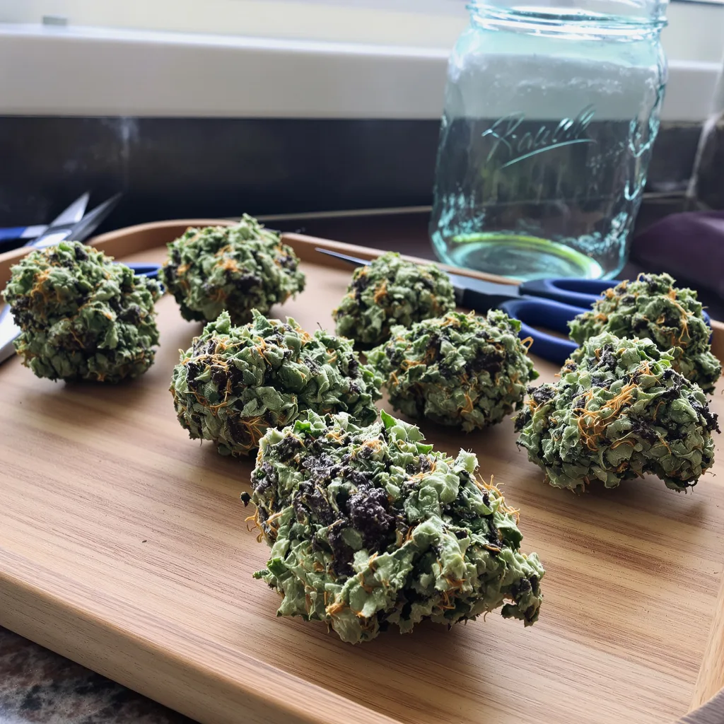 Chocolate Kush 65% Indica / 35% Sativa — Blüte mit sichtbaren Trichomen