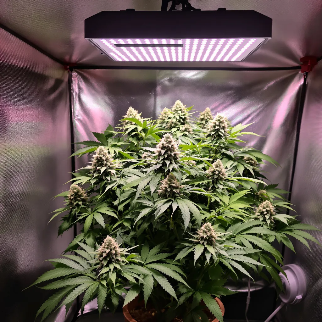 Chocolate Kush 65% Indica / 35% Sativa — Blüte mit sichtbaren Trichomen