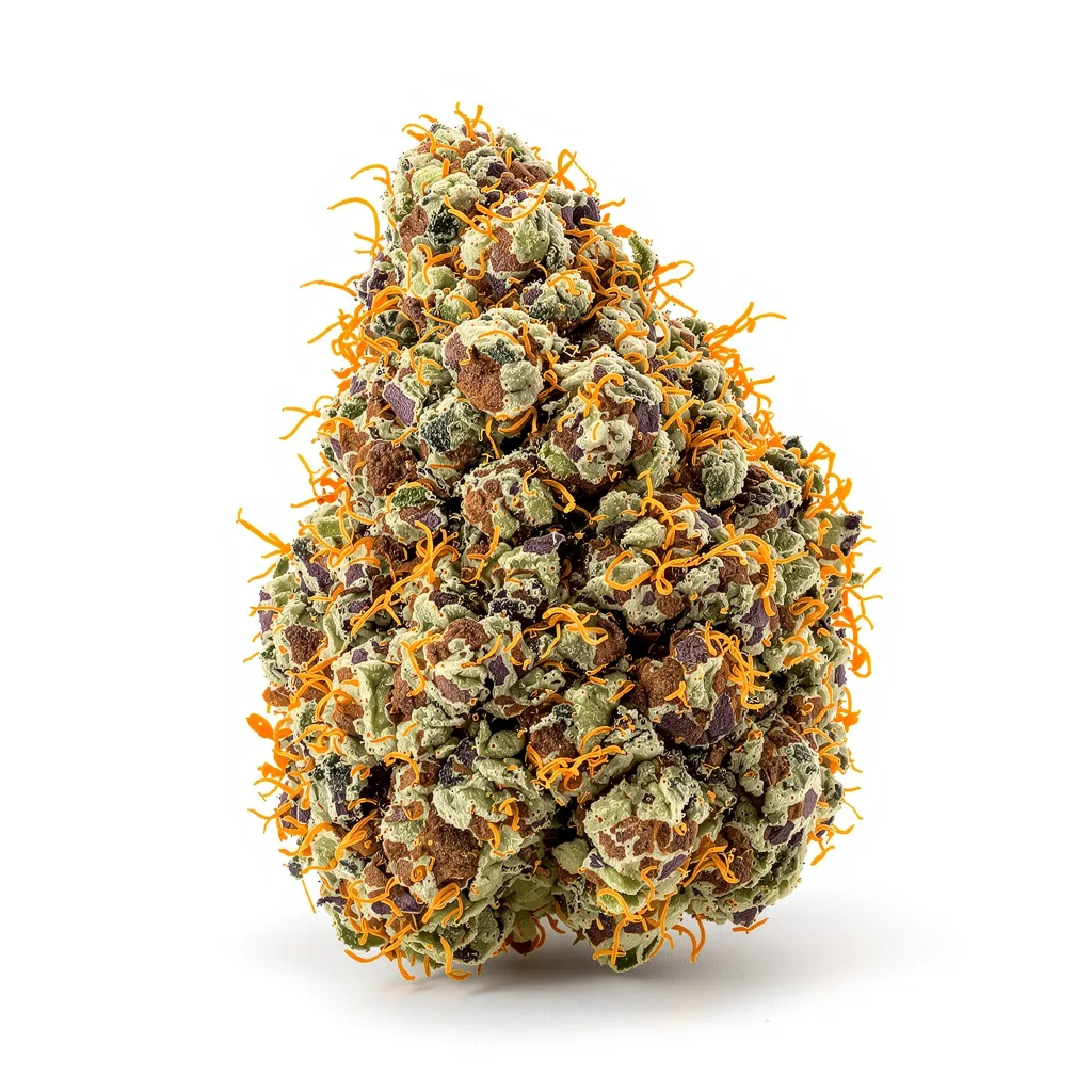 Chocolate Kush 65% Indica / 35% Sativa — Blüte mit sichtbaren Trichomen