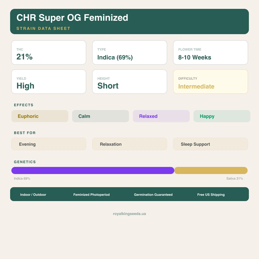 CHR Super OG 69% Indica / 31% Sativa — Blüte mit sichtbaren Trichomen