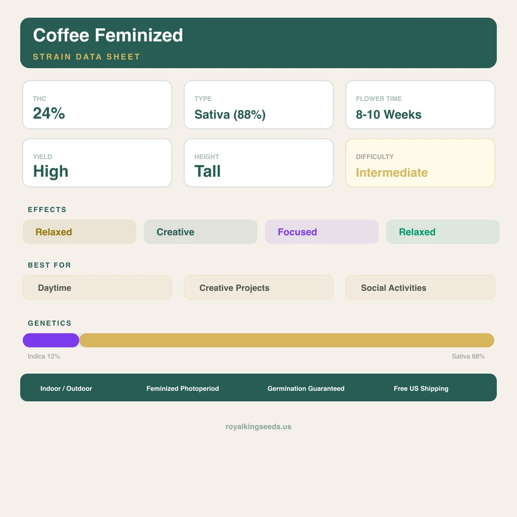 Coffee 12% Indica / 88% Sativa — Blüte mit sichtbaren Trichomen