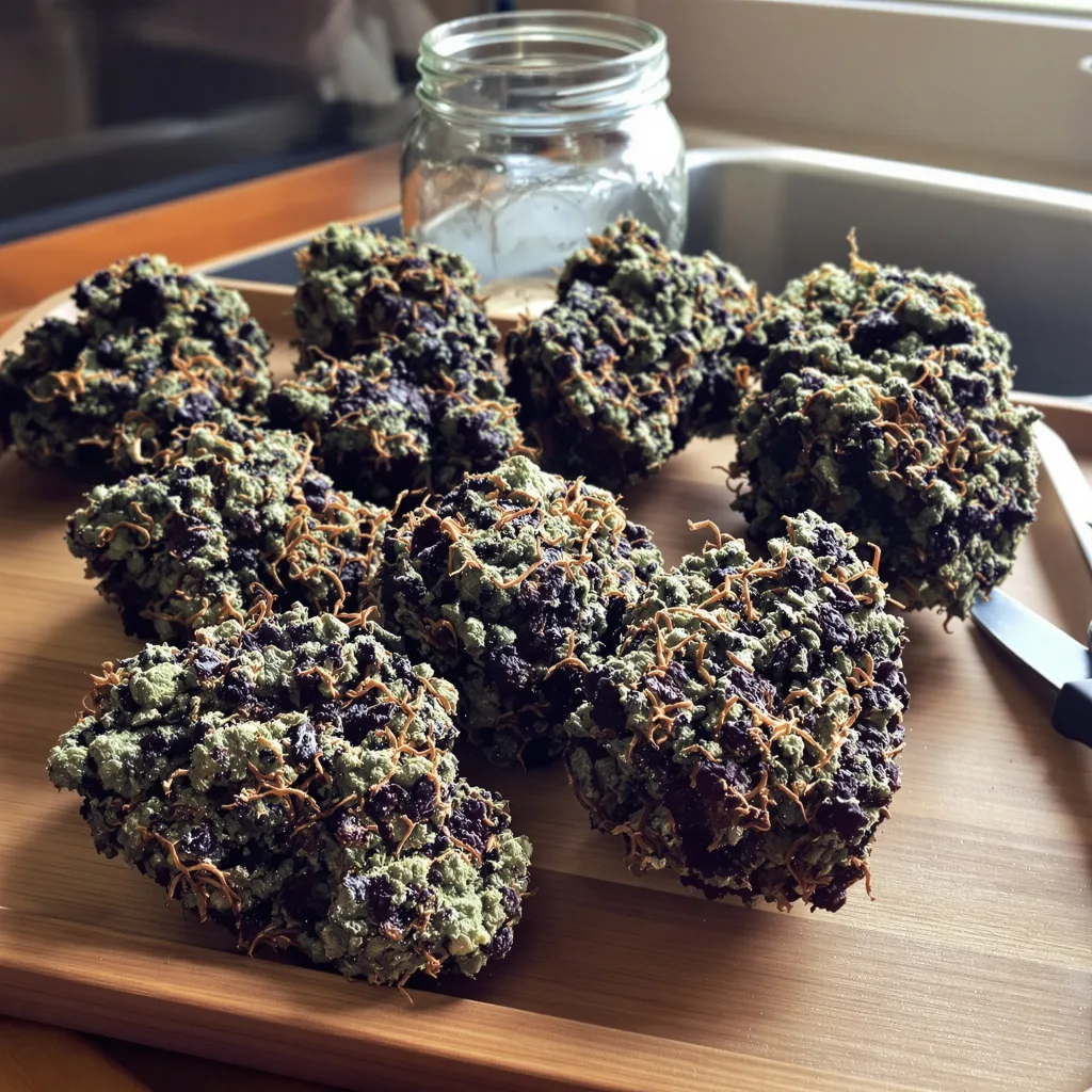 Cold War Kush 65% Indica / 35% Sativa — Blüte mit sichtbaren Trichomen