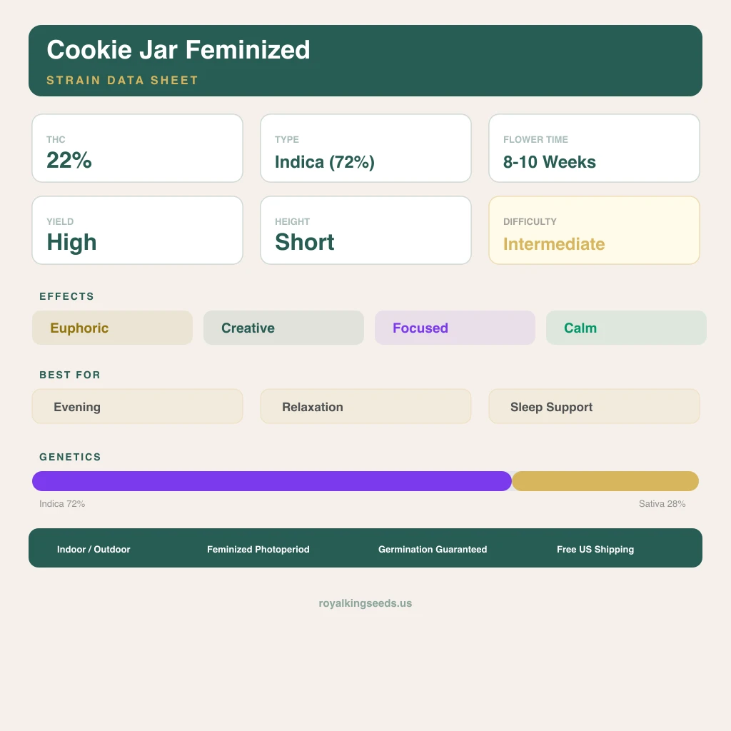 Cookie Jar 72% Indica / 28% Sativa — Blüte mit sichtbaren Trichomen