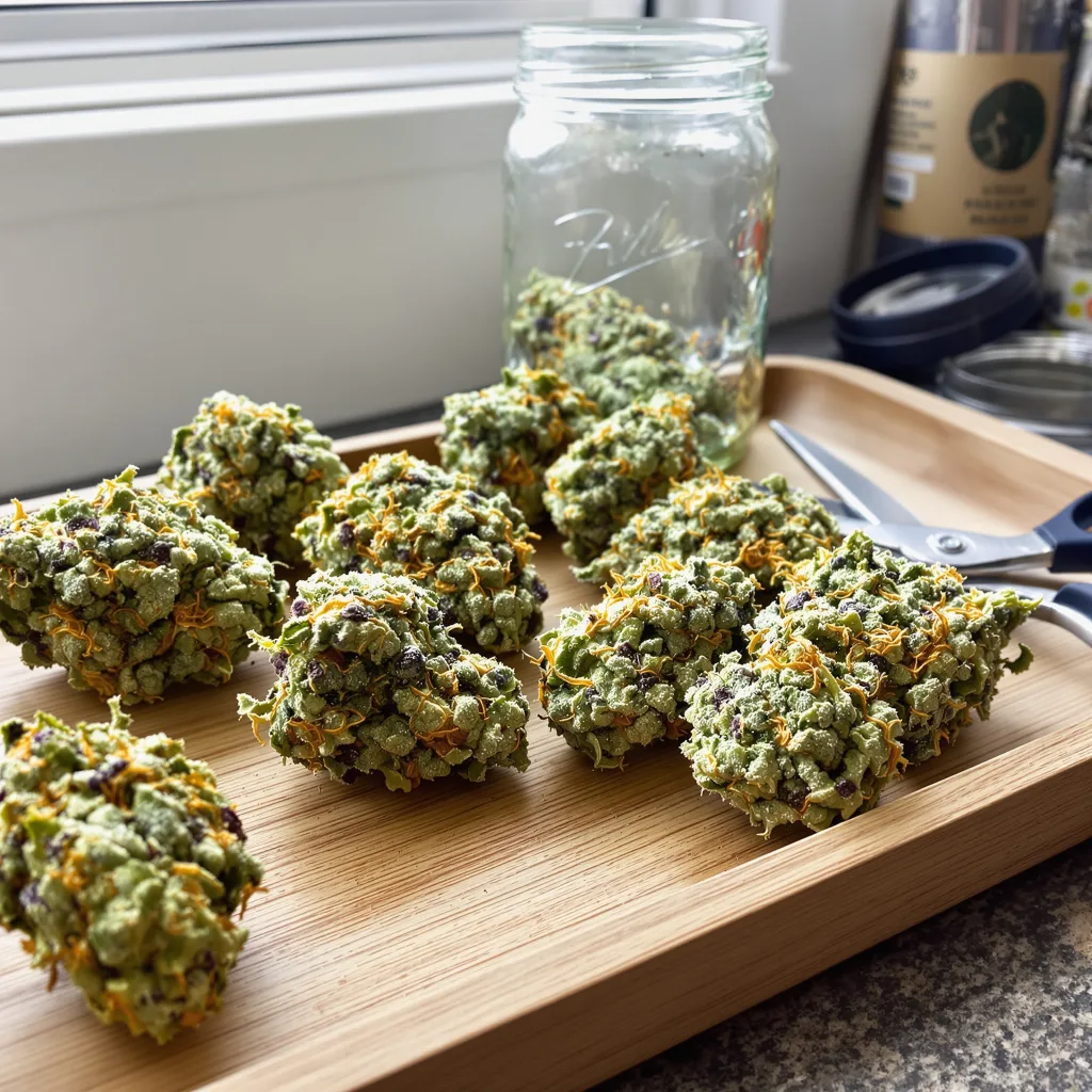 Copper Kush 44% Indica / 56% Sativa — Blüte mit sichtbaren Trichomen