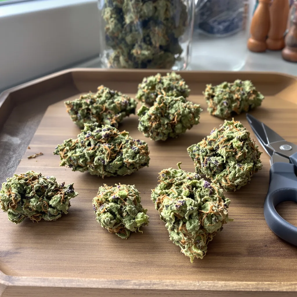 Corkscrew 57% Indica / 43% Sativa — Blüte mit sichtbaren Trichomen