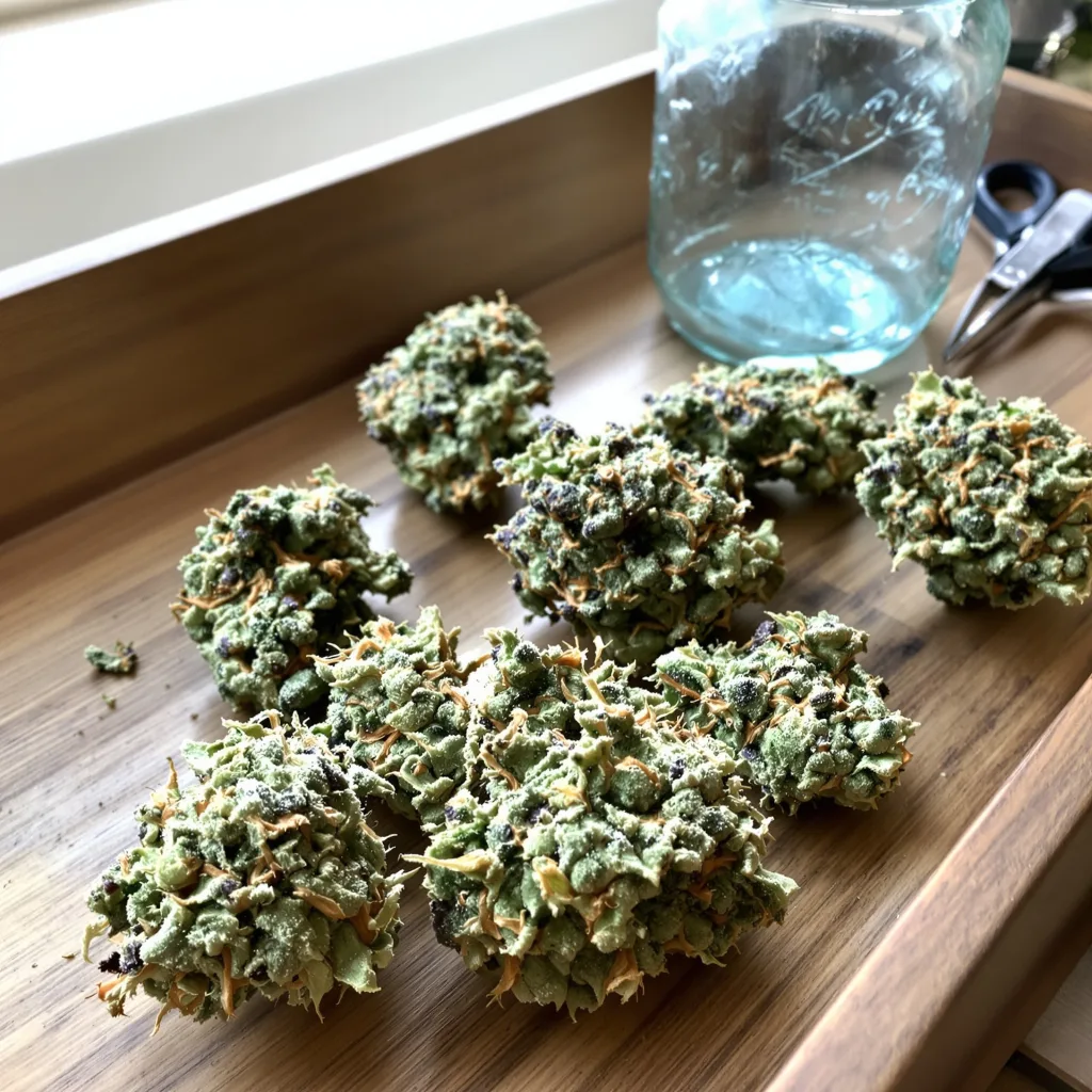 Cotton Candy Kush 50% Indica / 50% Sativa — Blüte mit sichtbaren Trichomen