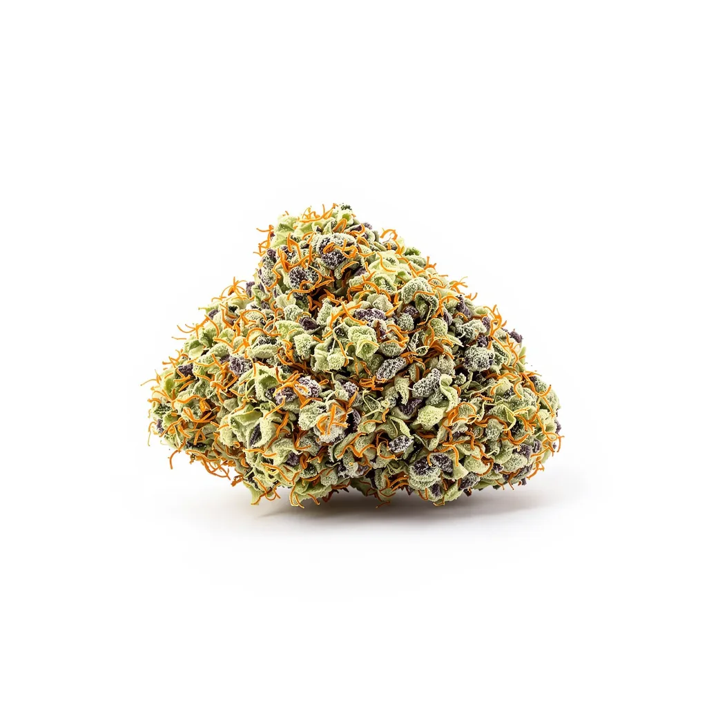 Cotton Candy Kush 50% Indica / 50% Sativa — Blüte mit sichtbaren Trichomen