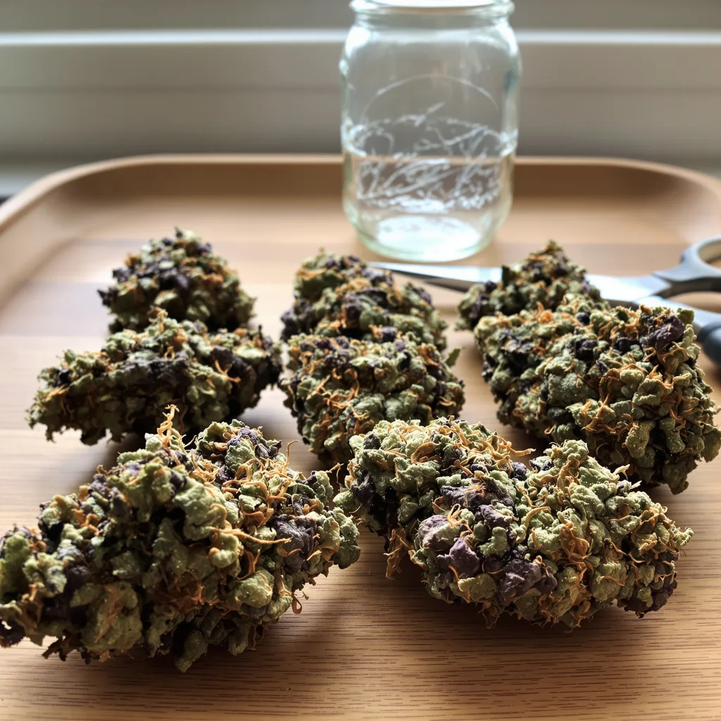 Cowboy Kush 84% Indica / 16% Sativa — Blüte mit sichtbaren Trichomen