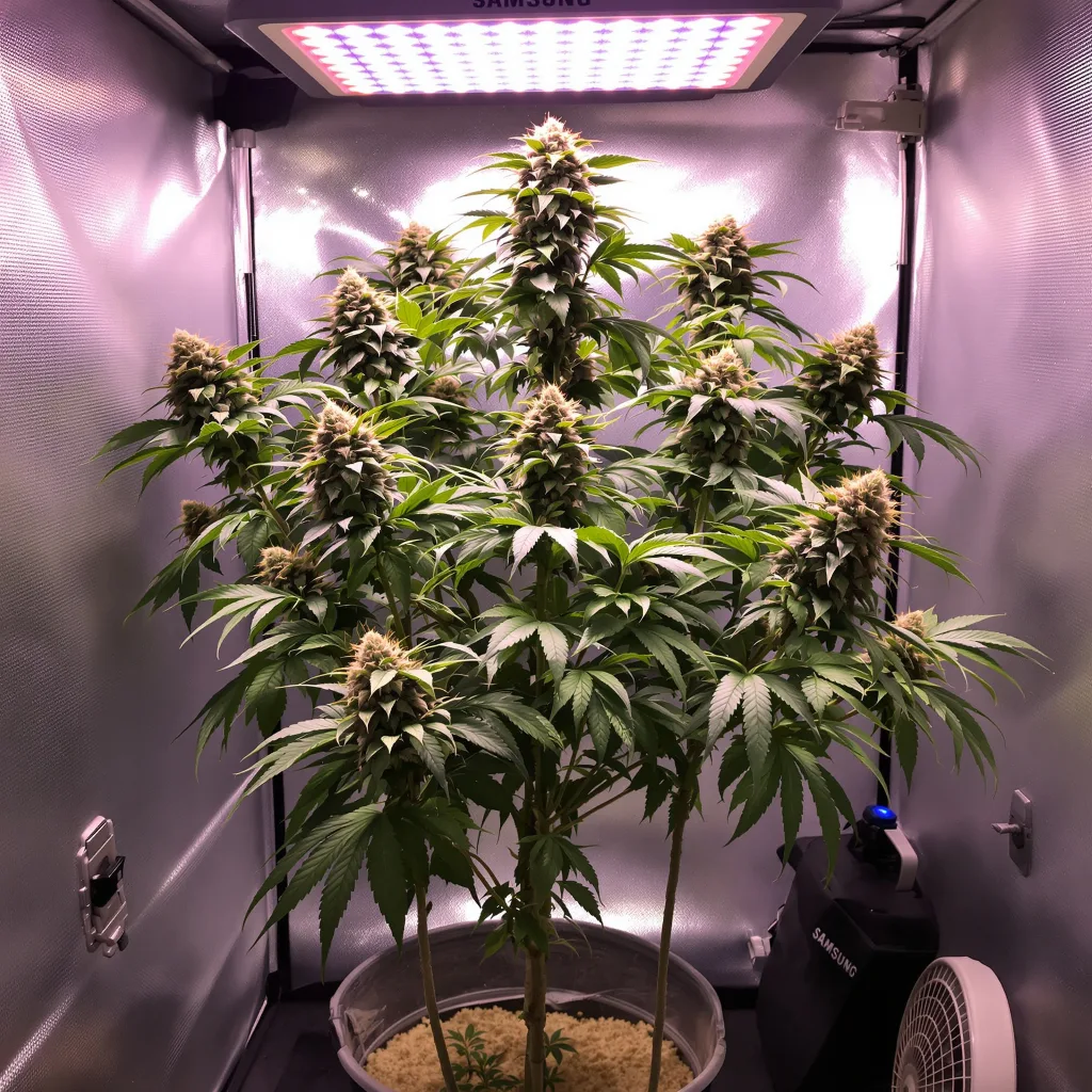 Cowboy Kush 84% Indica / 16% Sativa — Blüte mit sichtbaren Trichomen