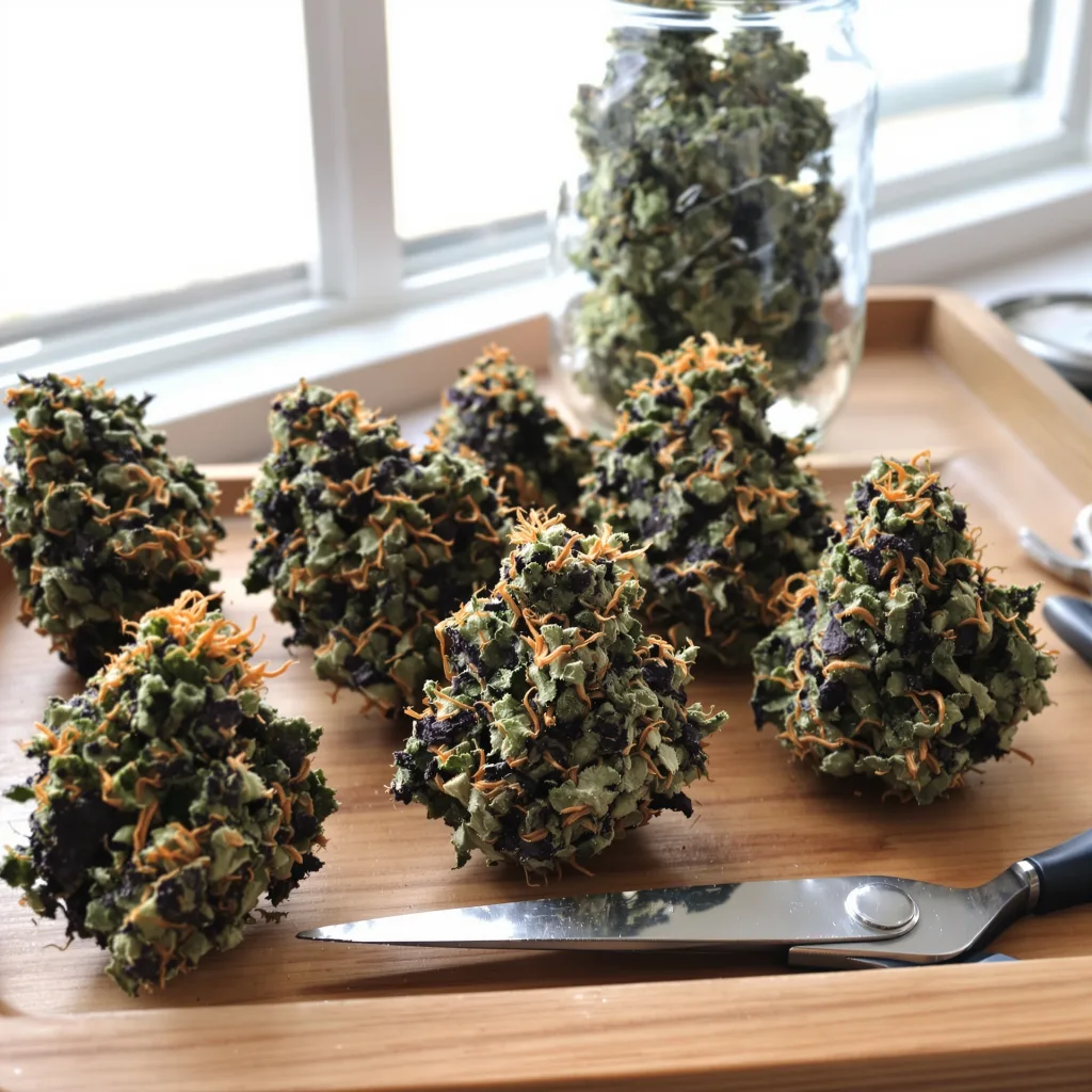 Cream Caramel 87% Indica / 13% Sativa — Blüte mit sichtbaren Trichomen