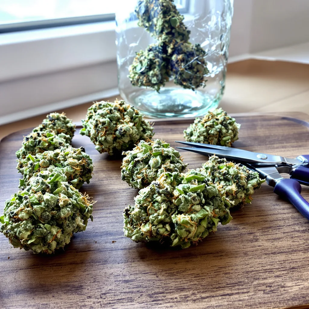 Crystal Coma 18% Indica / 82% Sativa — Blüte mit sichtbaren Trichomen