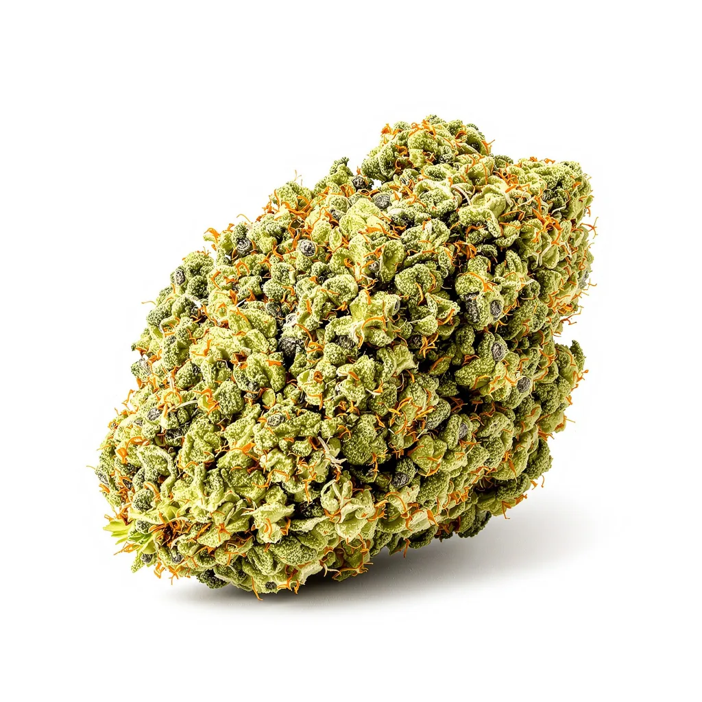 Crystal Coma 18% Indica / 82% Sativa — Blüte mit sichtbaren Trichomen