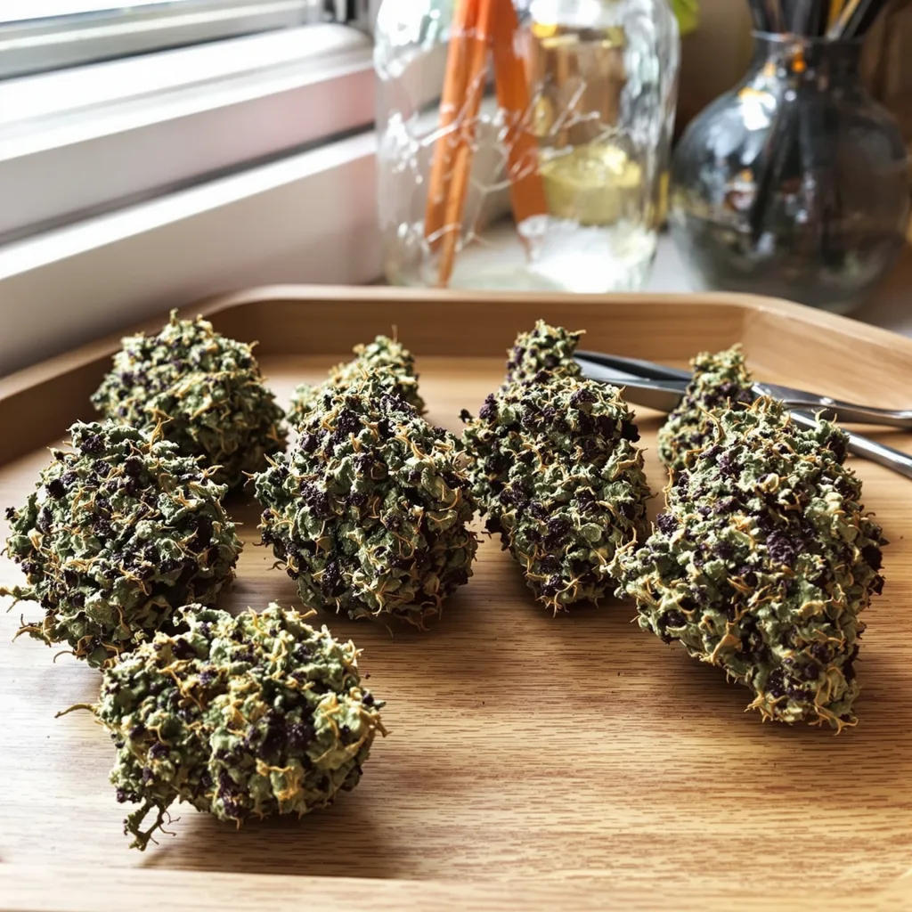 Dakini Kush 88% Indica / 12% Sativa — Blüte mit sichtbaren Trichomen