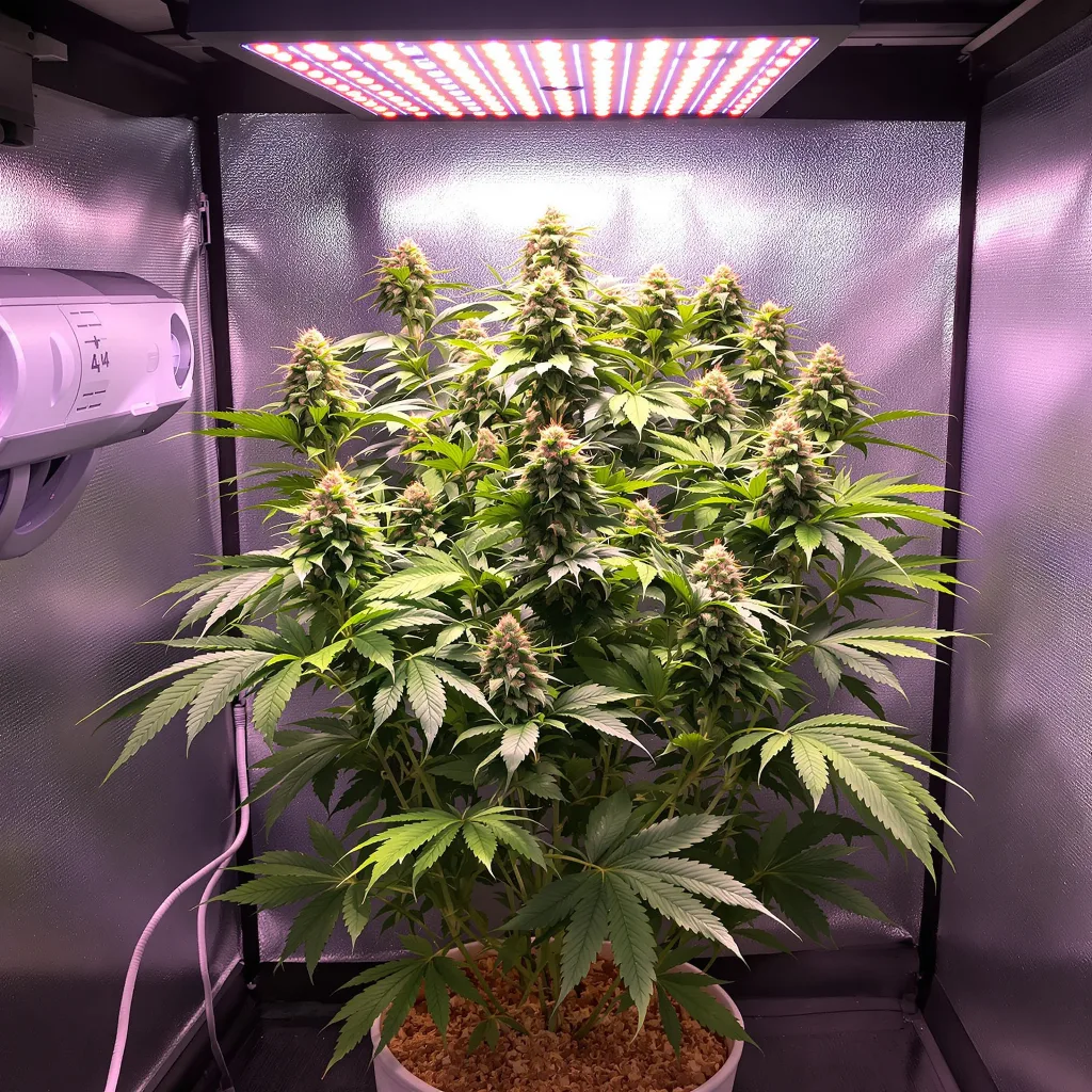 Dakini Kush 88% Indica / 12% Sativa — Blüte mit sichtbaren Trichomen