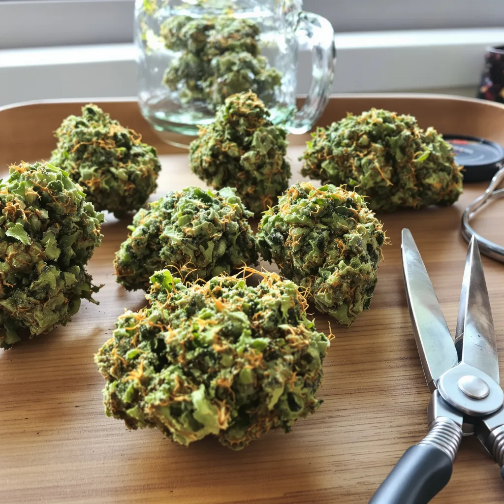 Damnesia 16% Indica / 84% Sativa — Blüte mit sichtbaren Trichomen