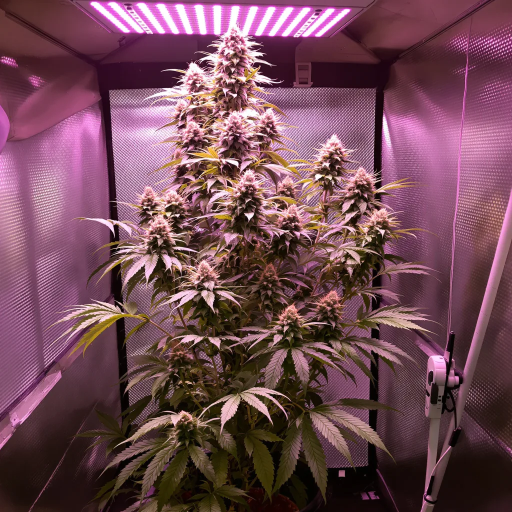 Damnesia 16% Indica / 84% Sativa — Blüte mit sichtbaren Trichomen