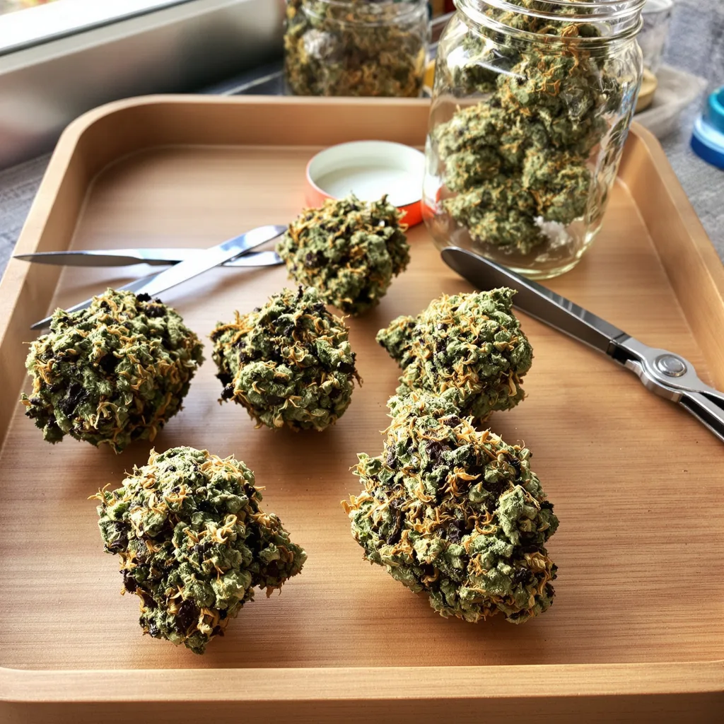 Dark Side of the Moon 86% Indica / 14% Sativa — Blüte mit sichtbaren Trichomen