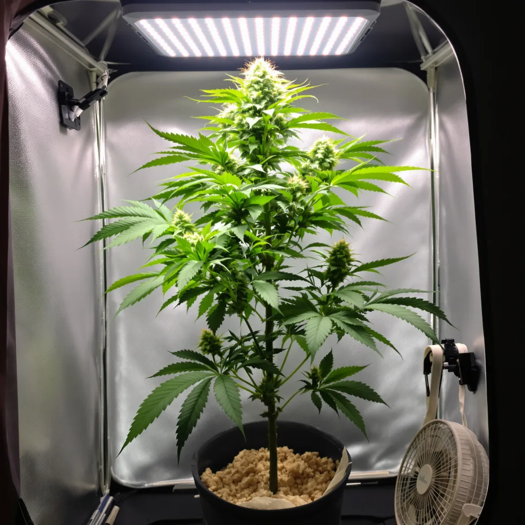 Dark Side of the Moon 86% Indica / 14% Sativa — Blüte mit sichtbaren Trichomen