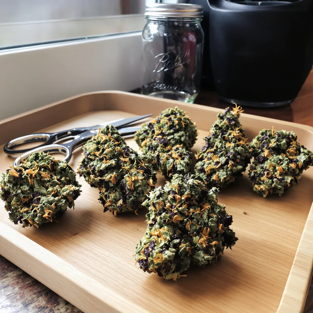 Dark Star 100% Indica / 50% Sativa — Blüte mit sichtbaren Trichomen