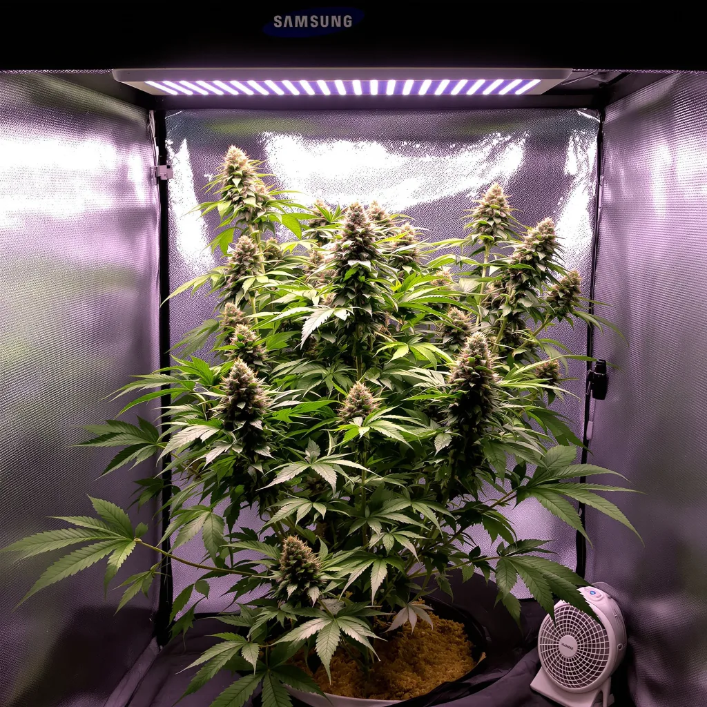 Dark Star 100% Indica / 50% Sativa — Blüte mit sichtbaren Trichomen