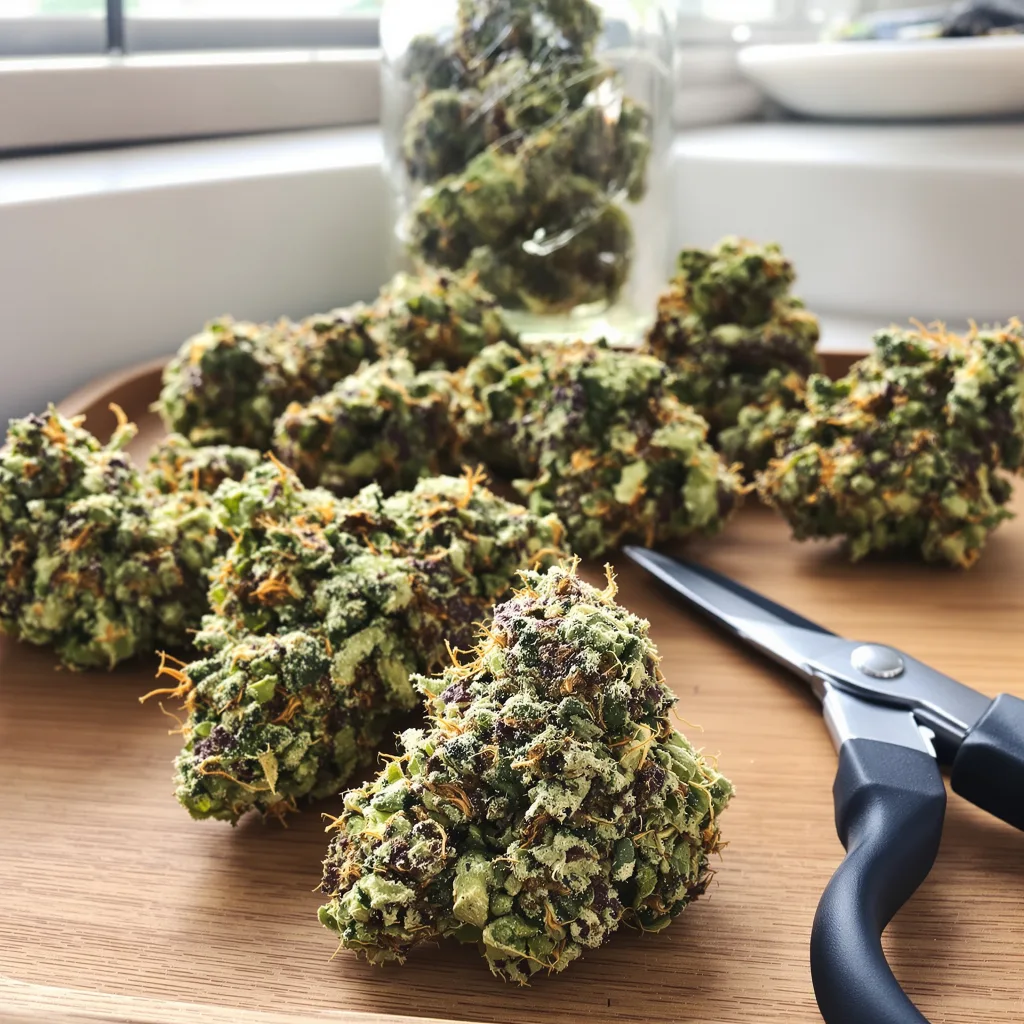 Deadhead OG 40% Indica / 60% Sativa — Blüte mit sichtbaren Trichomen
