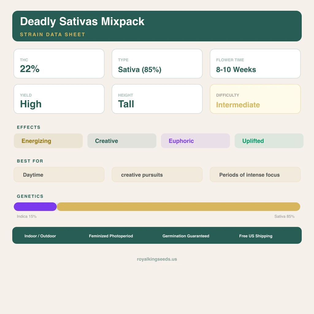 Deadly Sativas Mixpack 15% Indica / 85% Sativa — Blüte mit sichtbaren Trichomen