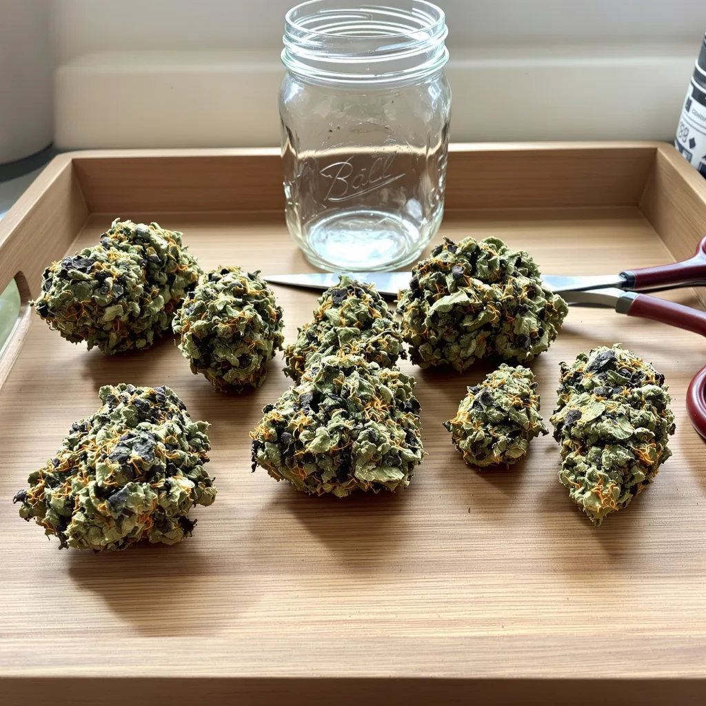 Death Bubba 70% Indica / 30% Sativa — Blüte mit sichtbaren Trichomen